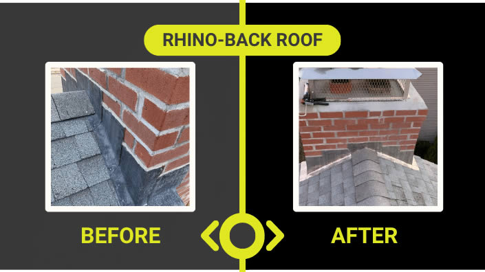 Before and after chimney and roof replacement by Rhino-Back Roofing in Connecticut